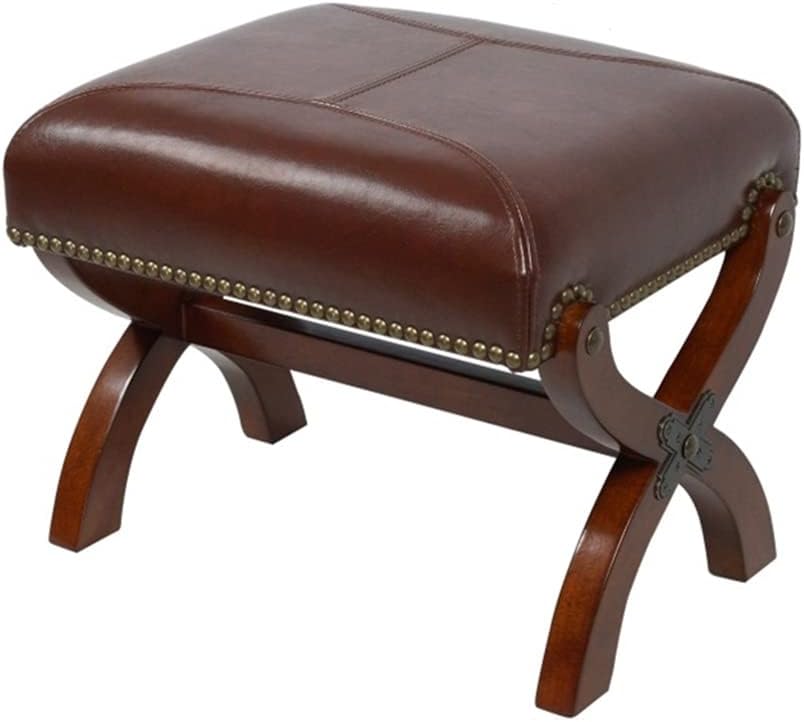 Leather Footrest Wood Ottoman,Rustic Foot Stools Seat, Wood Footstool,Rectangle Footrest Small Ottoman for Living Room Bedroom (Brown)