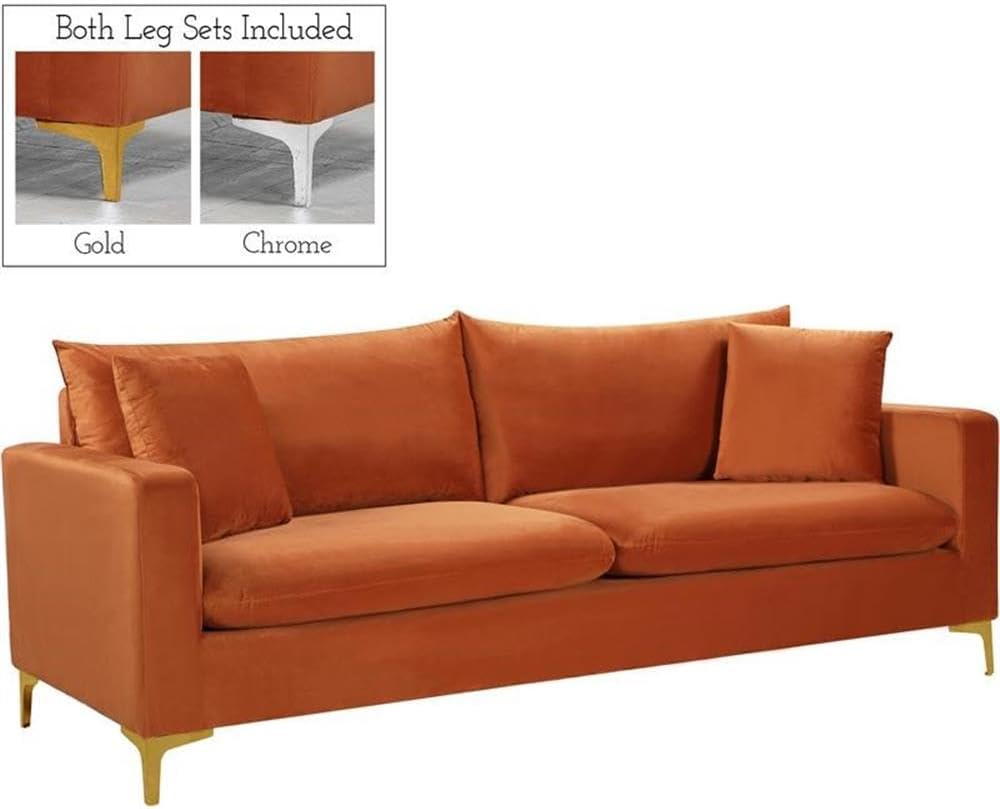 Meridian Furniture 633Cognac-S Naomi Collection Modern | Contemporary Velvet Upholstered Sofa with Deep Channel Tufting and Rich Gold Stainless Steel Legs, Cognac, 81.5' W x 33.5' D x 30' H