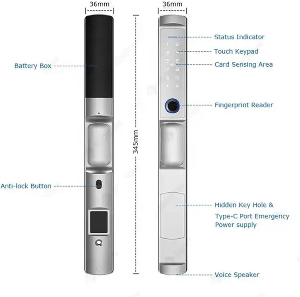 MiJob Tuya Waterproof Door Lock for Bridge Aluminum Outdoor Pull Push Sliding Door with WiFi Smart App Control Fingerprint Card Code (Color : Black smart Lock, Size : 22 * 240(3085))