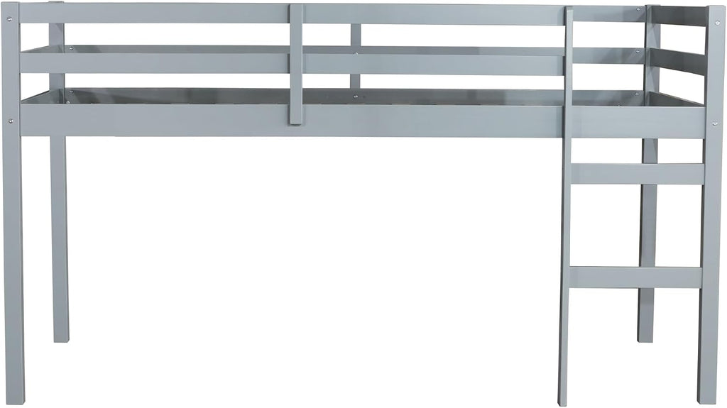 JIVOIT Wood Low Loft Bed Frame with Ladder, Solid Rubber Wooden Twin Loft Bed, Bed Platform of Strengthened Slats, Space Saving Design, No Box Spring Needed (Gray,104)