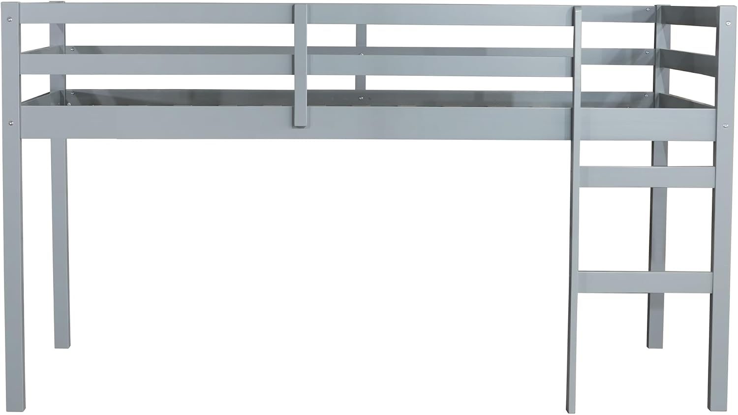 JIVOIT Wood Low Loft Bed Frame with Ladder, Solid Rubber Wooden Twin Loft Bed, Bed Platform of Strengthened Slats, Space Saving Design, No Box Spring Needed (Gray,104)