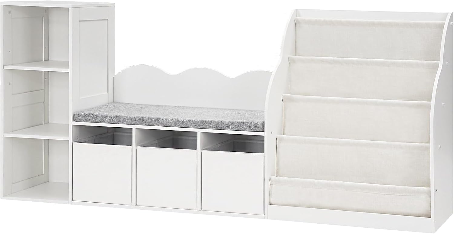 CHOEZON 66.9' Kids Bookshelf with Reading Nook, 3-in-1 Kids Bookcase with Cushion and Sling Shelf, Toy Chest Storage with Fabric Drawers, Reading Nook for Kids, for Playroom, Nursery, White MCW08WB