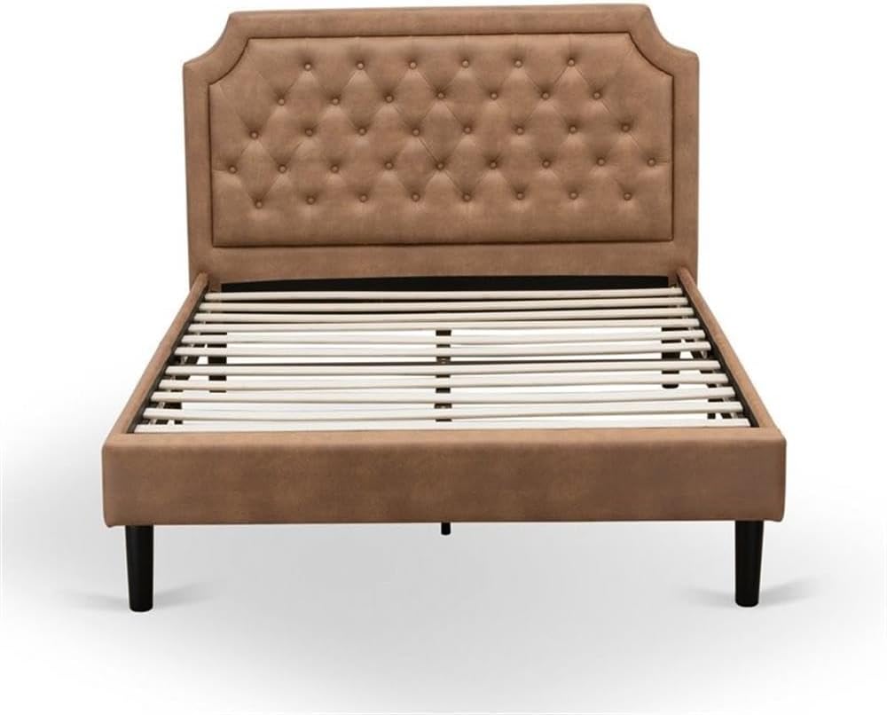 East West Furniture GB28F-1GA08 2-Piece Granbury Wooden Set for Bedroom with Button Tufted Platform Bed and an Antique Walnut Wood Nightstand - Brown faux Leather with Brown Texture and Black Legs