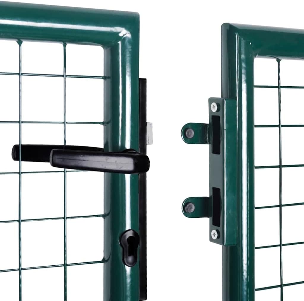Dark Green Garden Gate 120.5x49.2 Steel Driveway Fence Door with Adjustable Width 119.7-121.7', Lockable Outside Entryway for Yard Porch Patio