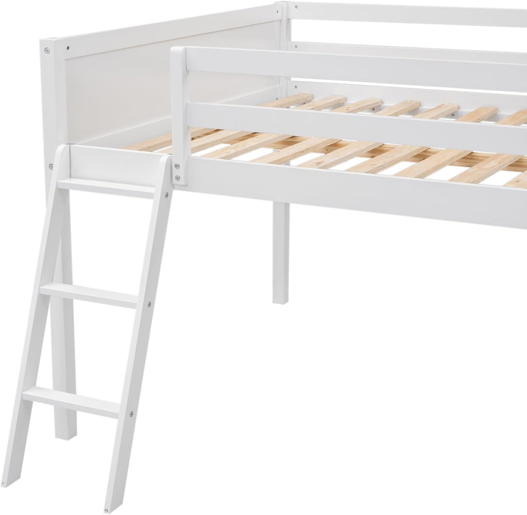 Full Size Loft Bed, Wood Loft Bed with Convertible Ladder, Ladder can be Placed on the Left or Right, Low Loft Bed with Full-Length Guardrails, No Box Spring Required (White,Full & Convertible Ladder)