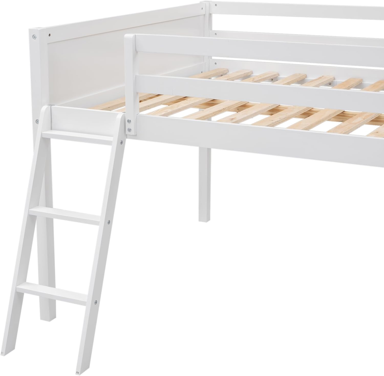 Full Size Loft Bed, Wood Loft Bed with Convertible Ladder, Ladder can be Placed on the Left or Right, Low Loft Bed with Full-Length Guardrails, No Box Spring Required (White,Full & Convertible Ladder)