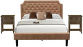 East West Furniture GB28Q-2VL07 3-Piece Granbury Bed Set with Button Tufted Queen Bed Frame and 2 Distressed Jacobean Night Stands - Brown Faux Leather with Brown Texture and Black Legs