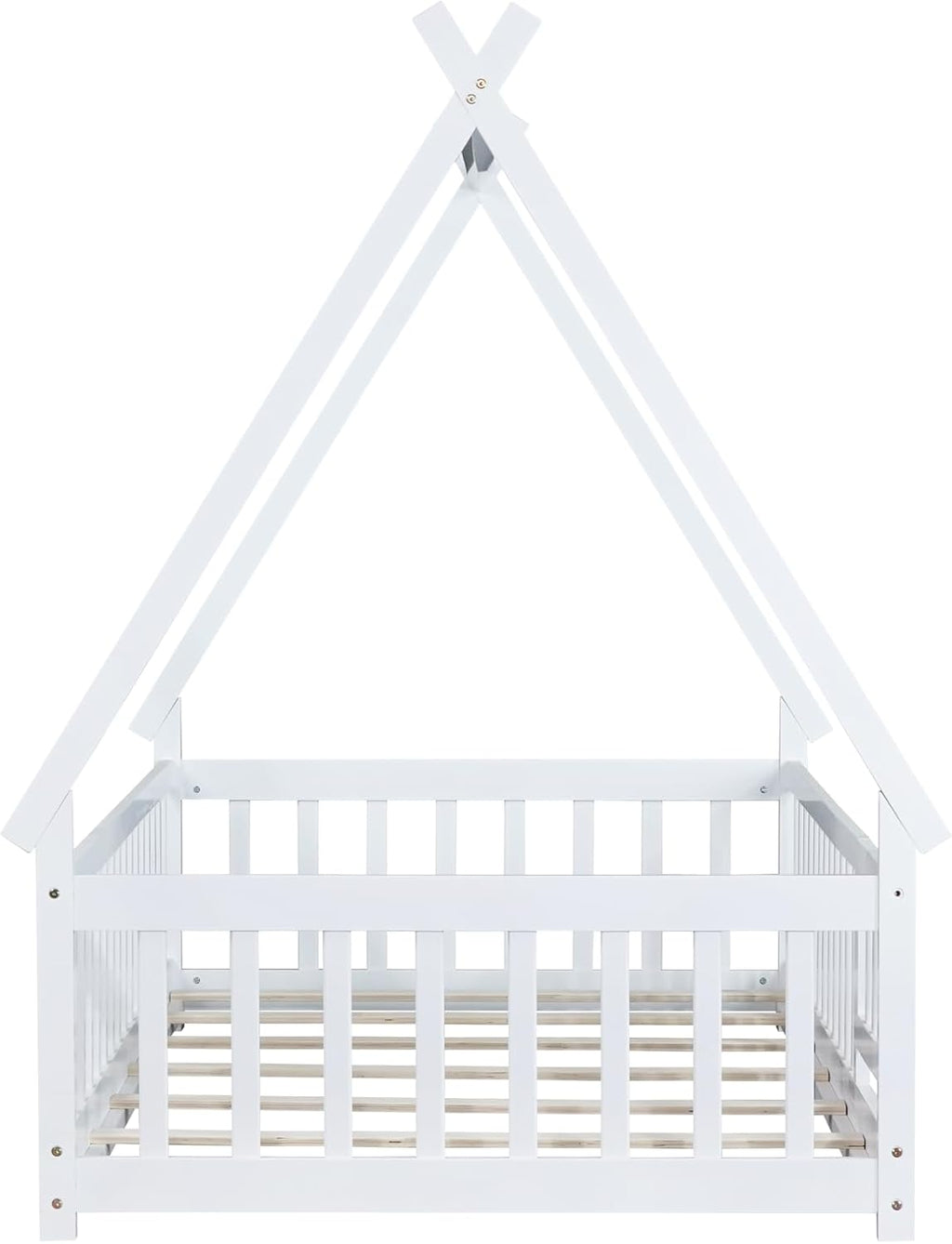 Bellemave Twin Size Tent Floor Bed for Kids,Solid Wood Teepee Montessori Floor Bed Frame with Door and Slats for Girls Boys(Twin,White)