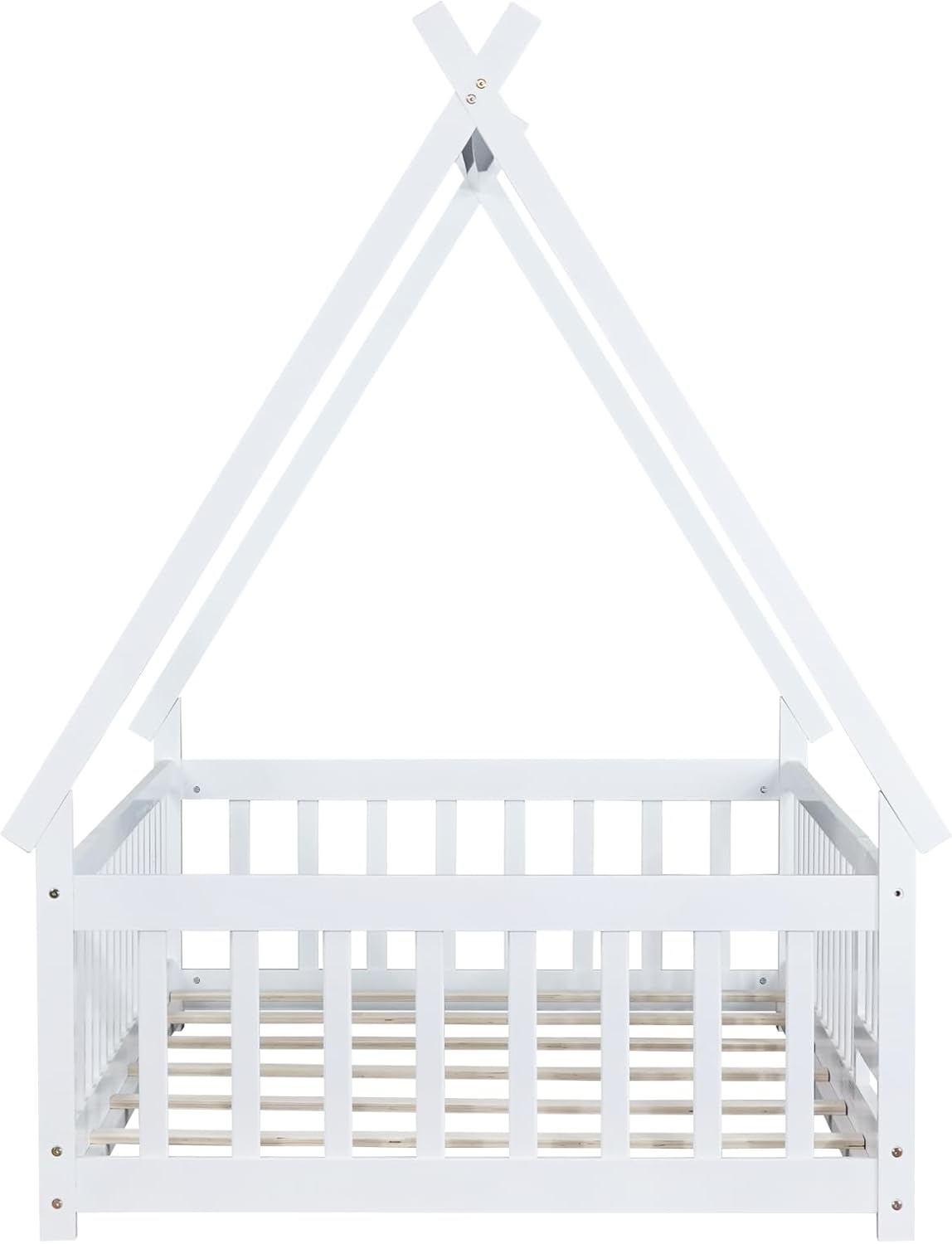 Bellemave Twin Size Tent Floor Bed for Kids,Solid Wood Teepee Montessori Floor Bed Frame with Door and Slats for Girls Boys(Twin,White)