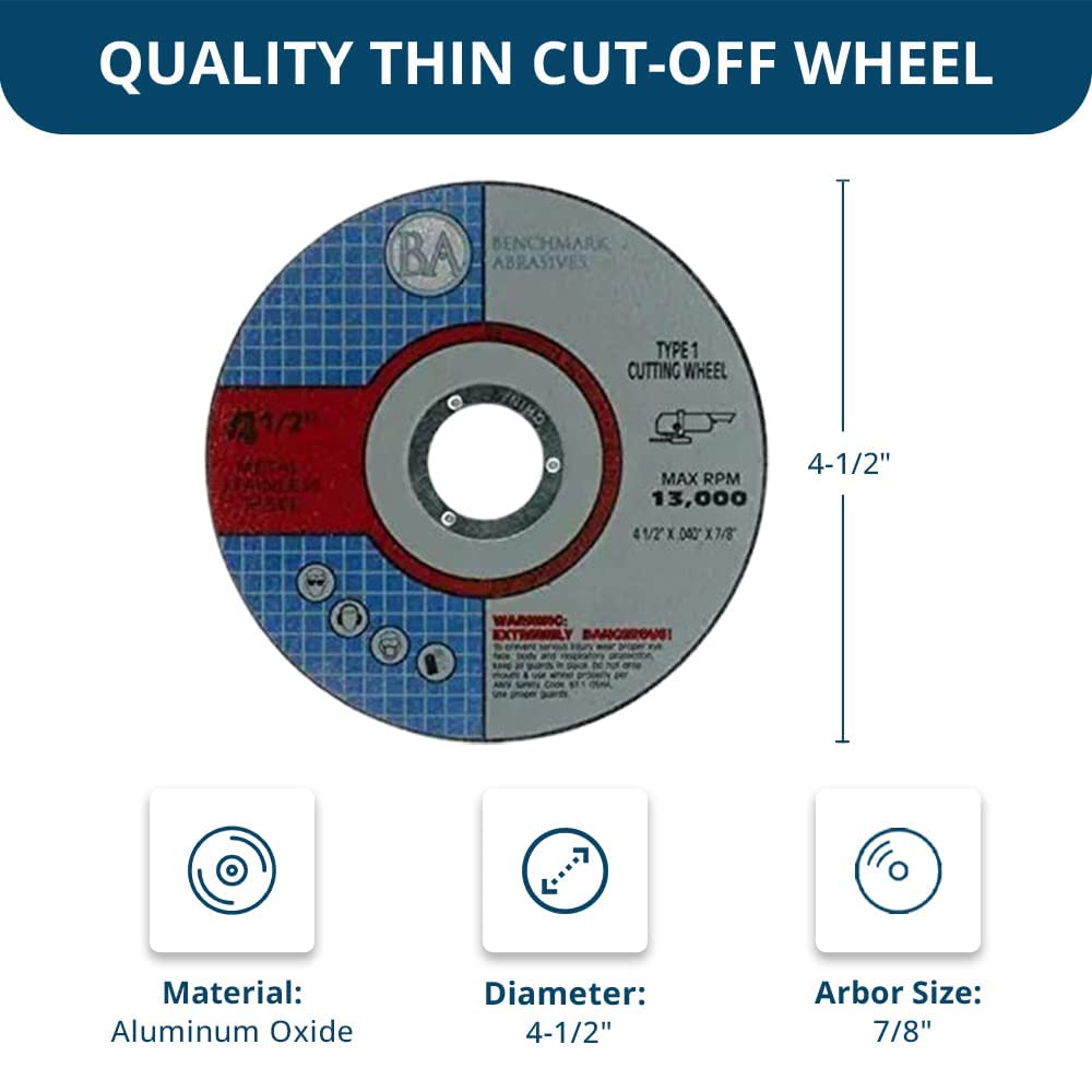 Benchmark Abrasives 4.5' Aluminum Oxide Thin Type 1 Cut Off Wheels for Metal and Stainless Steel, 7/8' Arbor, Fast Grinder Cutting Disc, 500 Count