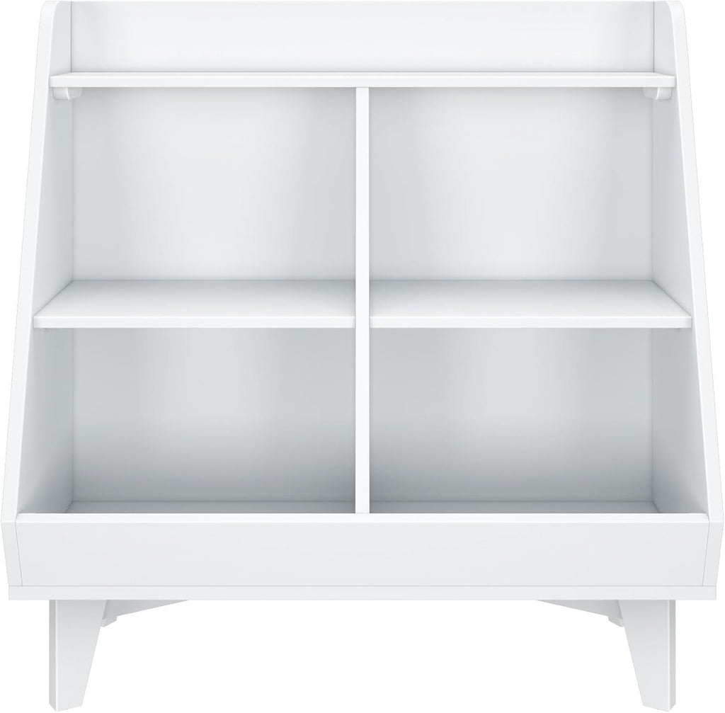 Max & Lily Modern Angled Frankie Bookcase with 3 Shelves and 2 Storage Bins - Stylish Kids' Bookshelf and Toy Organizer, White