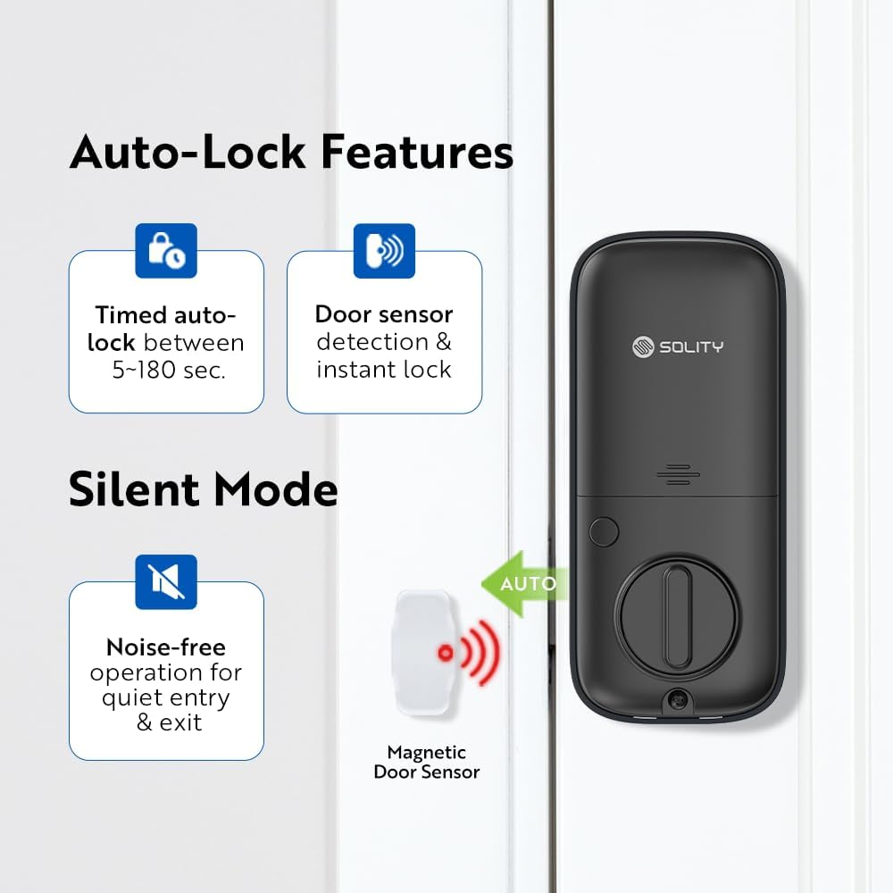 Solity No-Hub Smart Digital Door Lock, Designed in Korea, Keyless Entry, Wi-Fi, Remote Control, Touchscreen Keypad, Auto Lock, IP54 Waterproof, Matt Black GT10K