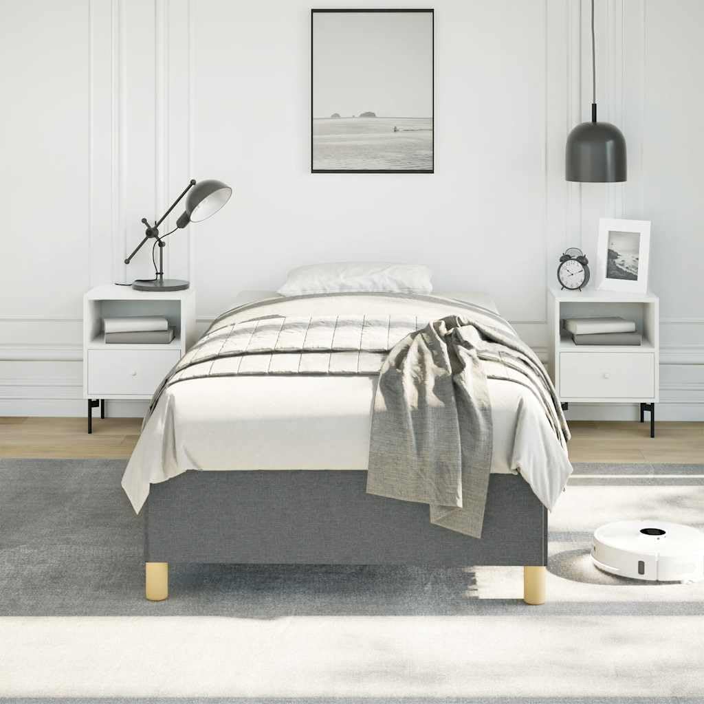 Dark Grey Polyester Bed Frame with Plywood Slats for Twin XL Size, Modern Minimalist Design, Breathable Fabric, Durable Engineered Wood Construction, Space-Saving Single