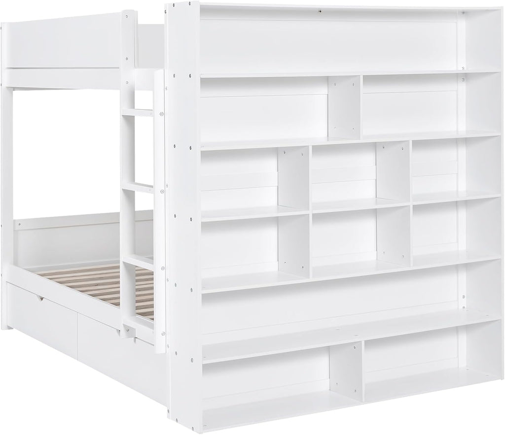 Full Over Full Bunk Bed with Bookcase, Wood Bunk Bed Frame with 2 Drawers and Multi-Layer Cabinet Storage Shelves, Bed with High Guardrails for Kids Teens (White, Full)