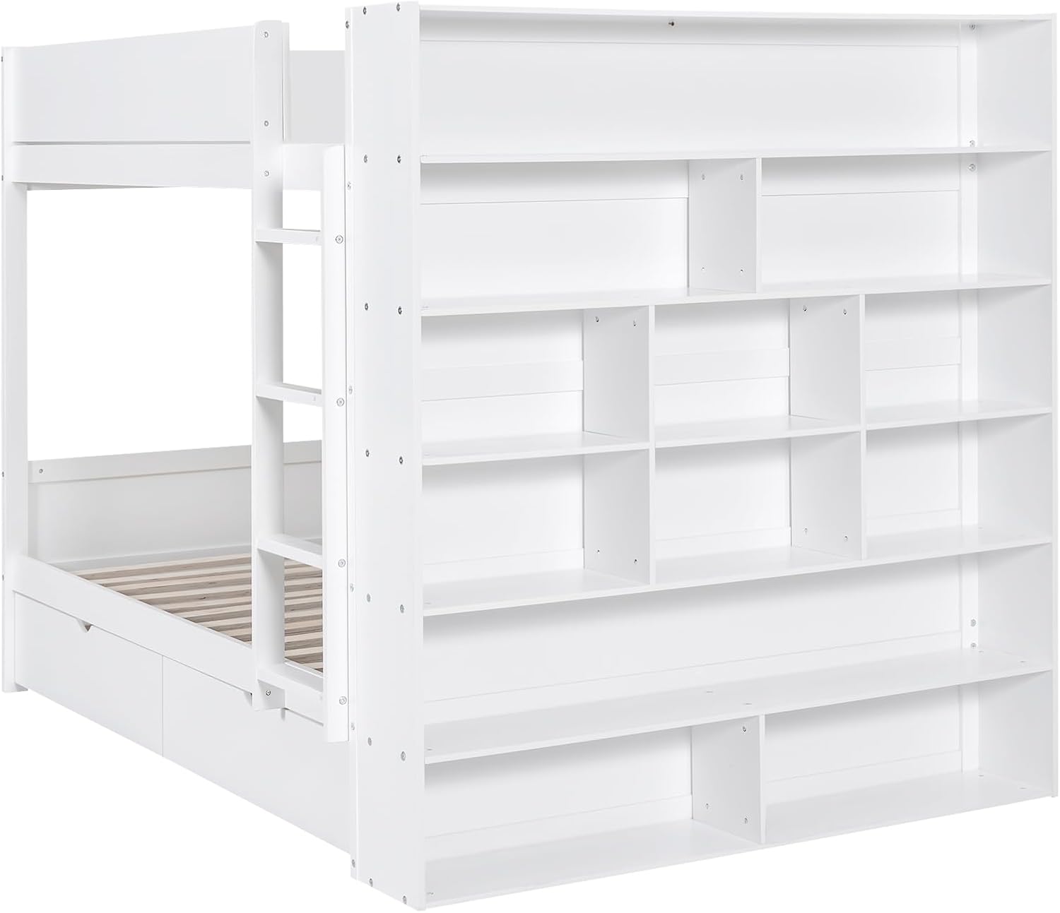 Full Over Full Bunk Bed with Bookcase, Wood Bunk Bed Frame with 2 Drawers and Multi-Layer Cabinet Storage Shelves, Bed with High Guardrails for Kids Teens (White, Full)