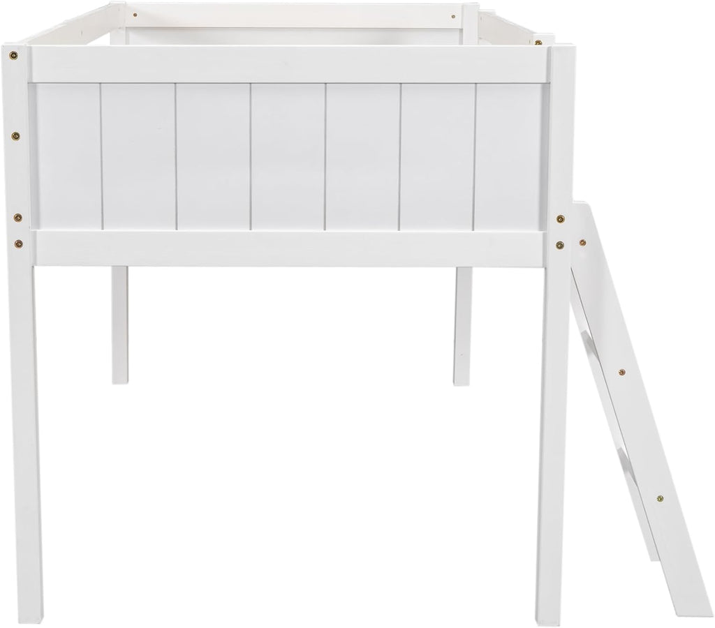Twin Size Loft Bed, Wood Low Loft Bed with Convertible Ladder, Ladder can be Placed on the Left or Right, Safety Guardrails, Wood Slats Support, No Box Spring Required (White & Convertible Ladder)