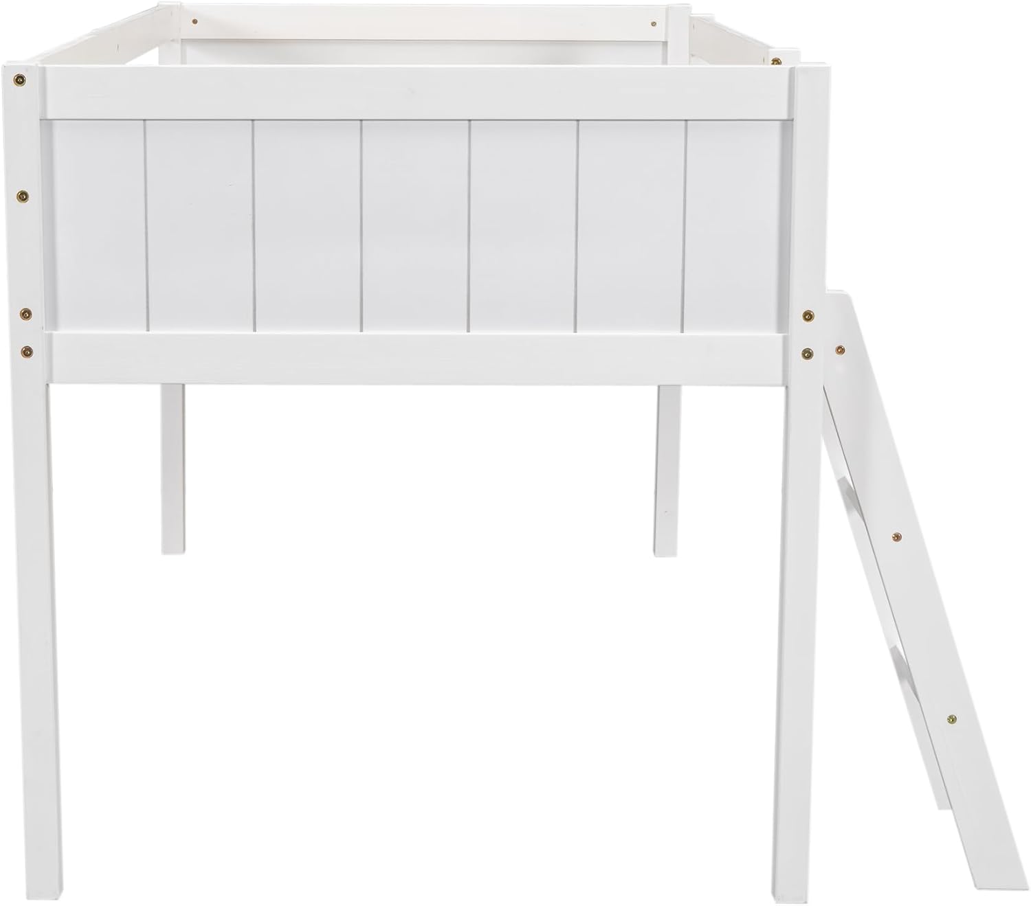 Twin Size Loft Bed, Wood Low Loft Bed with Convertible Ladder, Ladder can be Placed on the Left or Right, Safety Guardrails, Wood Slats Support, No Box Spring Required (White & Convertible Ladder)
