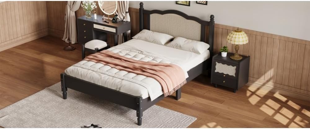 3 Pieces Bedroom Set with Full Size Wooden Bed Frame, 1 Vintage Nightstand and 1 Makeup Vanity Set with Stool,Black (Black + Wood + Full + 3 Piece Set)