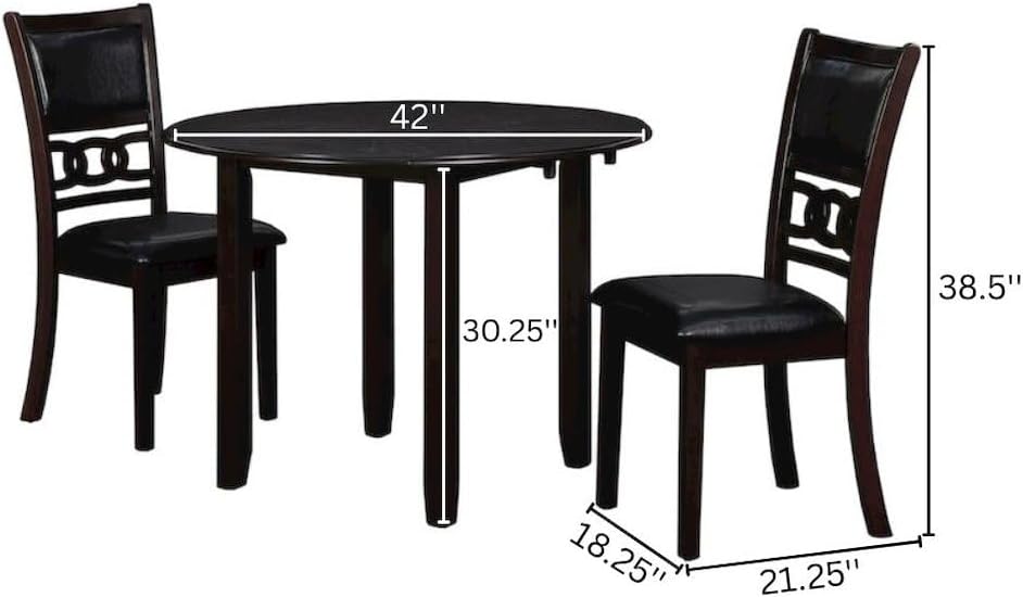 Furnifact Brown 3 Piece Drop Leaf Table and Chairs, Solid Wood Round Dining Table with Chairs, Transitional Compact Design for Kitchens with Upholstered Seating