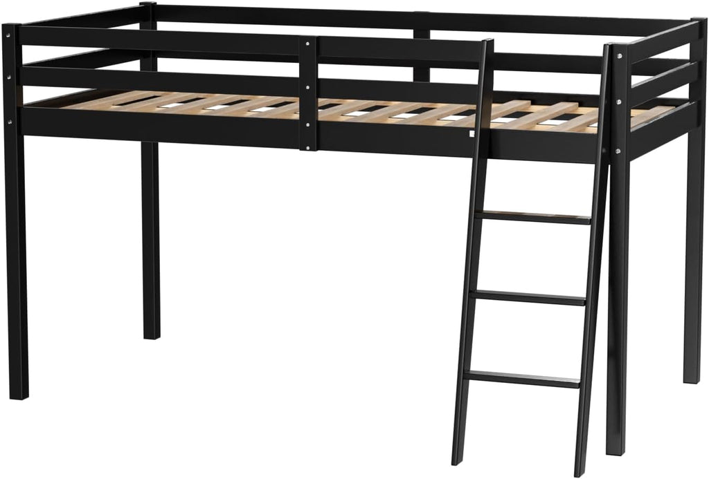 VINGLI 47'' Tall Junior Low Loft Bed with Stairs, Wood Loft Bed Twin Size for Adults, Kids and Young Teens, No Box Spring Required,Wood Slat Support, Black