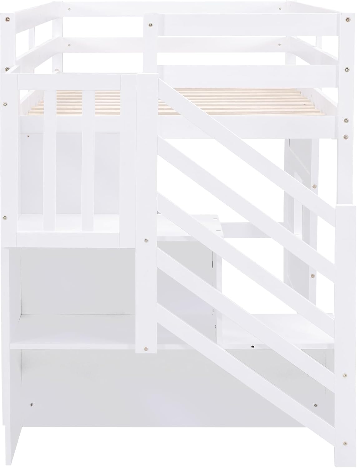 Low Loft Bed with Storage Staircase and Window, Twin Size Loft Bed with Guardrails and Wood Slats Support, Solid Wood Bed Frame, Space Saving Design, No Box Spring Need (White,Staircase+Window)