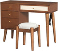 3 Pieces Bedroom Set with Full Size Wooden Bed Frame, 1 Vintage Nightstand and 1 Makeup Vanity Set with Stool,Black (Walnut + Wood + Queen + 3 Piece Set)