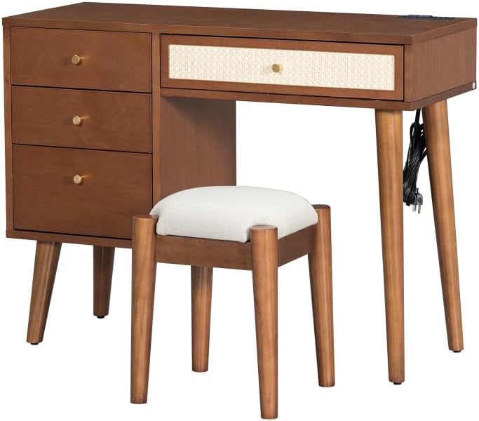 3 Pieces Bedroom Set with Full Size Wooden Bed Frame, 1 Vintage Nightstand and 1 Makeup Vanity Set with Stool,Black (Walnut + Wood + Queen + 3 Piece Set)