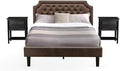 East West Furniture GB25Q-2VL06 3-Piece Queen Bedroom Set with Button Tufted Wood Bed Frame and Two Wire-Brushed End Tables – Dark Brown Faux Leather with a Black Finish and Textured Legs.