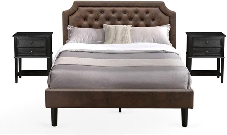 East West Furniture GB25Q-2VL06 3-Piece Queen Bedroom Set with Button Tufted Wood Bed Frame and Two Wire-Brushed End Tables – Dark Brown Faux Leather with a Black Finish and Textured Legs.