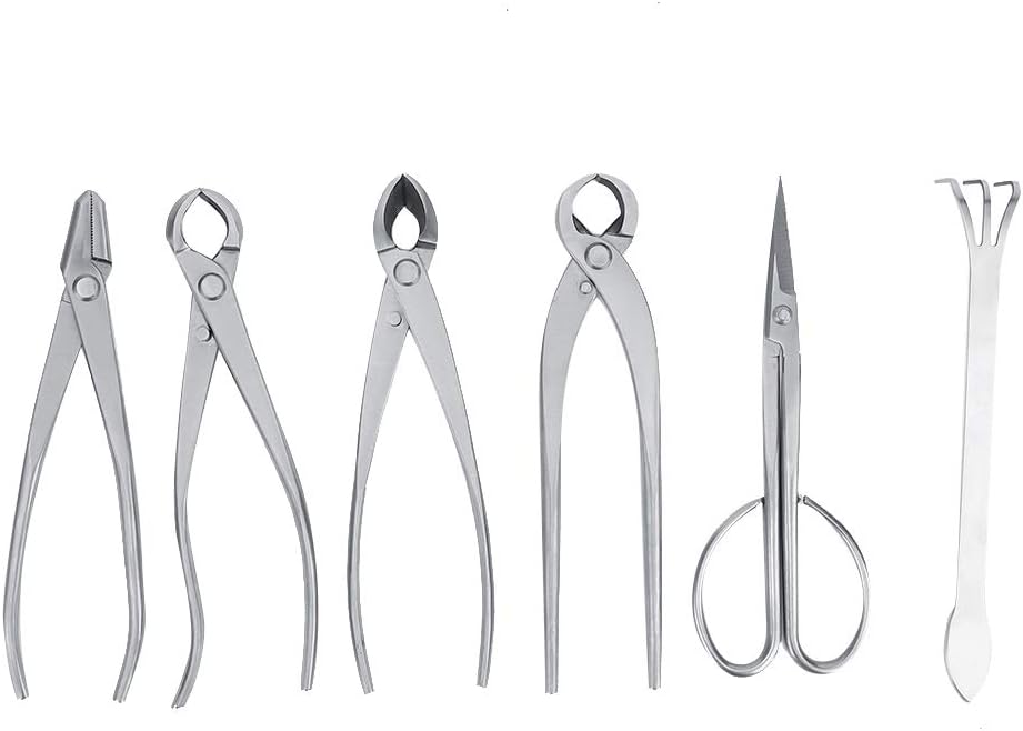 6X Bonsai tools, gardening plant and tree pruning tools, including concave shears, ball shears, trunk splitters and bonsai scissors.