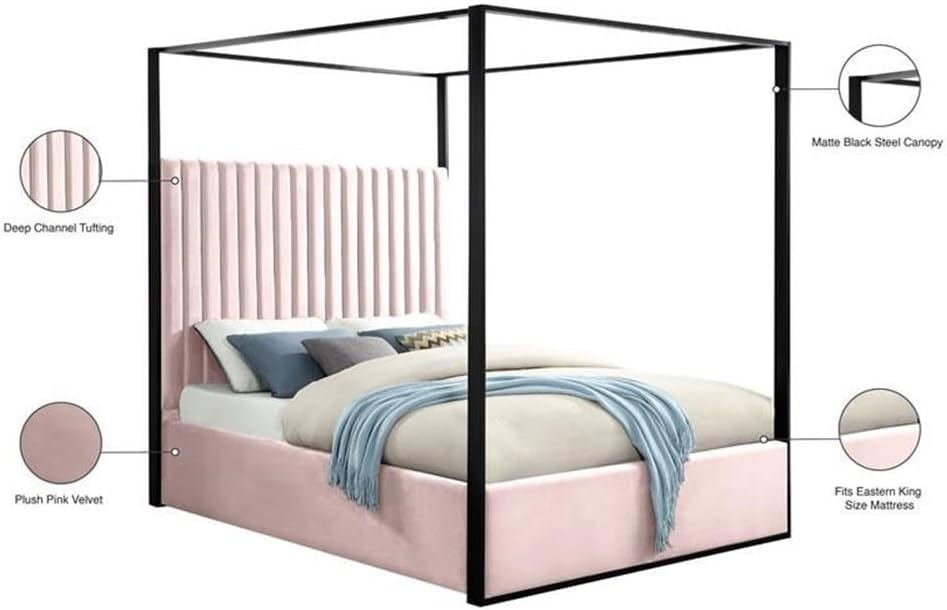MAKLAINE Contemporary Solid Wood King Canopy Bed, Pink Velvet Upholstery, Matte Black Steel Frame, Channel Tufted Headboard, 82' W x 86.5' D x 78.5' H, Luxurious Bedroom Furniture