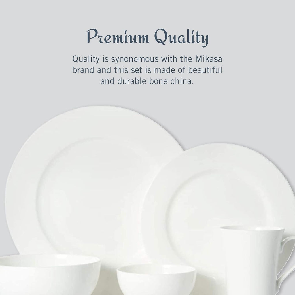 Mikasa Delray 40-Piece Bone China Dinnerware Set, White Round Dishes for 8 - Dinner Plates, Salad Plates, Cereal Bowls, Fruit Bowls and Mugs