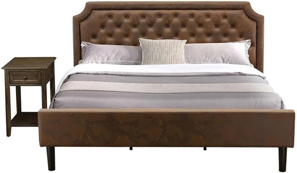East West Furniture GB25K-1DE07 2-Pc Granbury King Size Bedroom Set with Button Tufted King Frame and 1 Distressed Jacobean Small End Table - Dark Brown Faux Leather with Black Texture and Black Legs