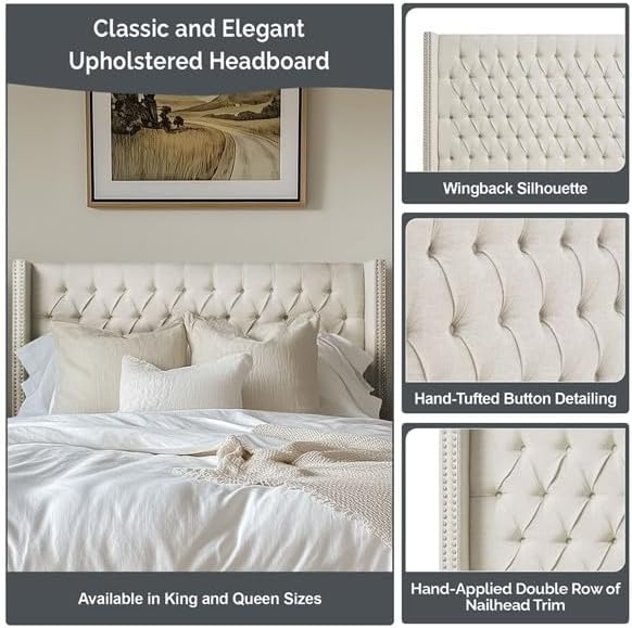 Madison Park Amelia Headboard King Wingback Upholstered - Hand-Tufted Button Detail, Double Nailhead Trim, Foam-Padded Durable Fabric, Adjustable Fit for Classic/Transitional Bedrooms-Black Velvet