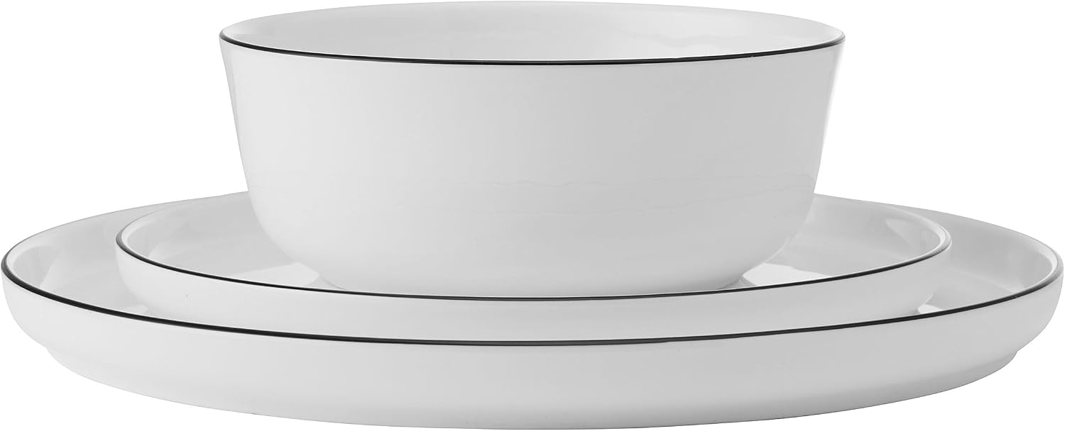 Mikasa Samantha 12 Piece Bone China Dinnerware Plate and Bowl Set, Service for 4, Black Banded Rim, Chip-Resistant, Lightweight, Durable, White
