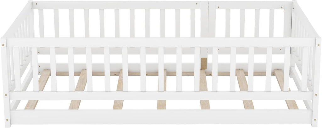 KEIKI Twin Size Wooden Floor Bed, Montessori Platform Bed Frame with Door & Safety Rails, Space Saving Kids Beds for Boys Girls Bedroom, No Box Spring Needed, Easy Assembly, Noise Free, White