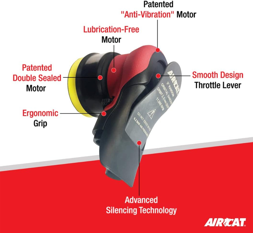 AIRCAT 6700-3-336 Non Vac Orbital Palm Sander & Polisher - Handheld Sander - Double-Sealed, Lubrication-Free Motor - Smooth Throttle Lever - Ergonomic Grip -11,000 RPM - 3/32-Inch Orbit