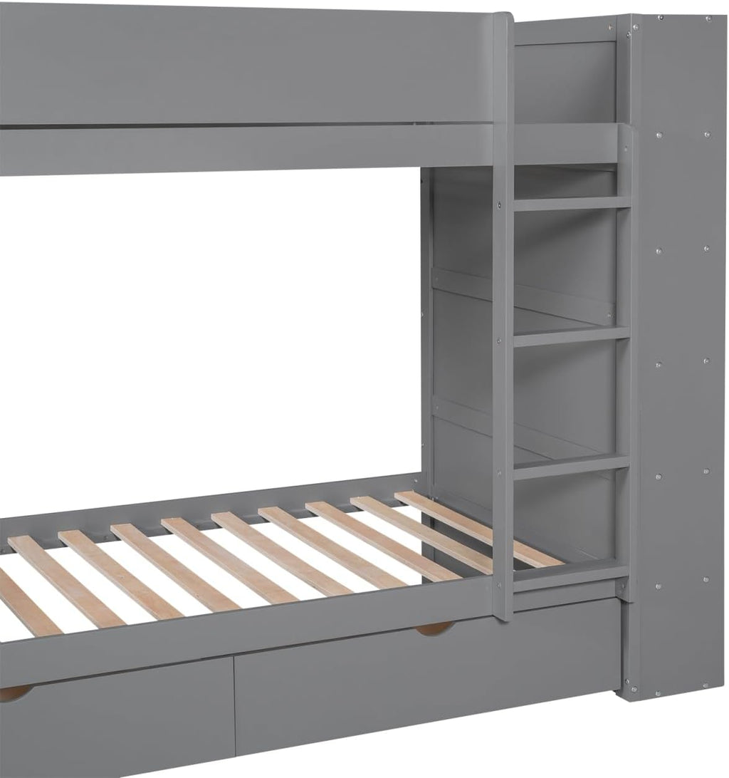 Twin Over Twin Bunk Bed with Bookcase and Drawers,Wooden All-in-one Furniture Set with Multi-Layer Cabinet for Kids Girls Boys-Gray