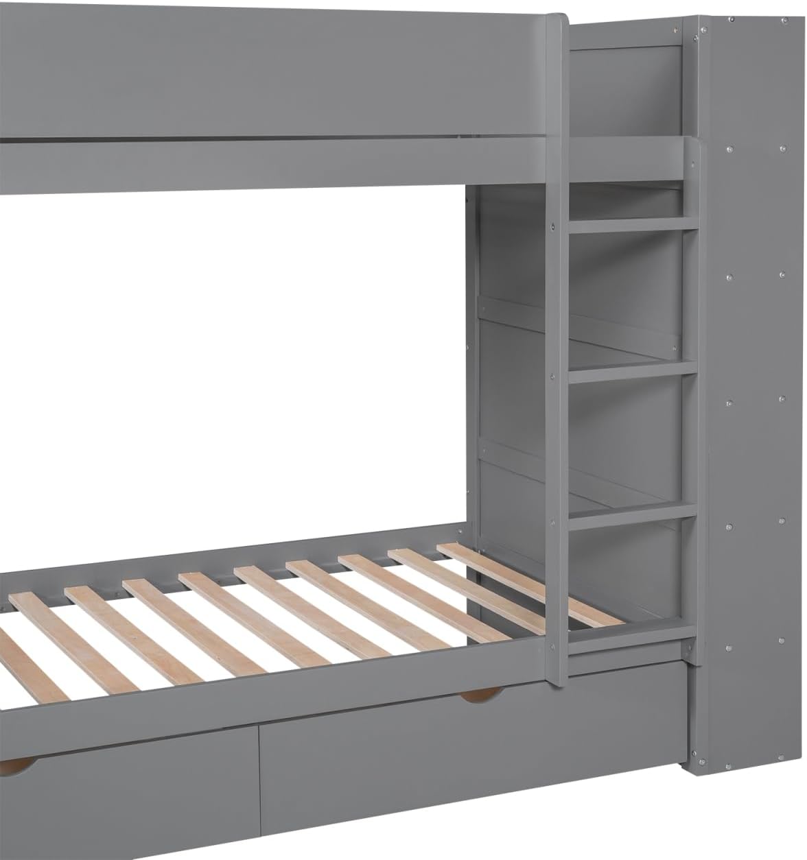Twin Over Twin Bunk Bed with Bookcase and Drawers,Wooden All-in-one Furniture Set with Multi-Layer Cabinet for Kids Girls Boys-Gray