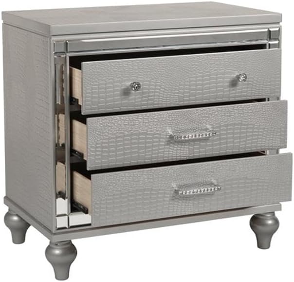 Pemberly Row Modern Solid Wood 3-Drawer Nightstand, Silver Finish, 31.33' W x 18.15' D x 29.33' H, Elegant Embossed Inlay, Durable MDF Drawers with Dovetail, Bedroom Storage Furniture