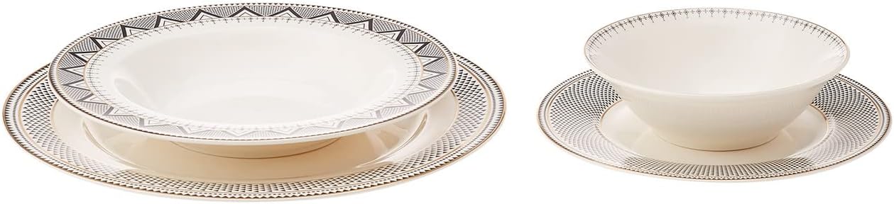 Karaca Globe 24-Piece Dinnerware Set for 6 People - Kitchen Dish Set for Salad, Soup, Pasta, Noodle & More - Modern Chic Porcelain Dishware Plate Set (White with Black Triangle Design)