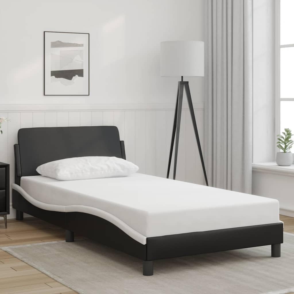 Modern Curved Twin Bed Frame in Black and White, Stylish and Contemporary Design with Waved Look for Various Decor Styles, Durable Faux Leather and Engineered Wood
