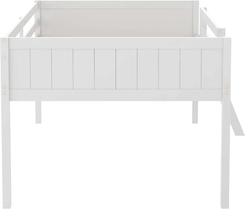 JIVOIT Full Size Low Loft Bed, Wooden Loft Bed with Convertible Ladder, Ladder can be Placed on The Left or Right, Full-Length Guardrails, No Box Spring Required (White & Convertible Ladder,Full)
