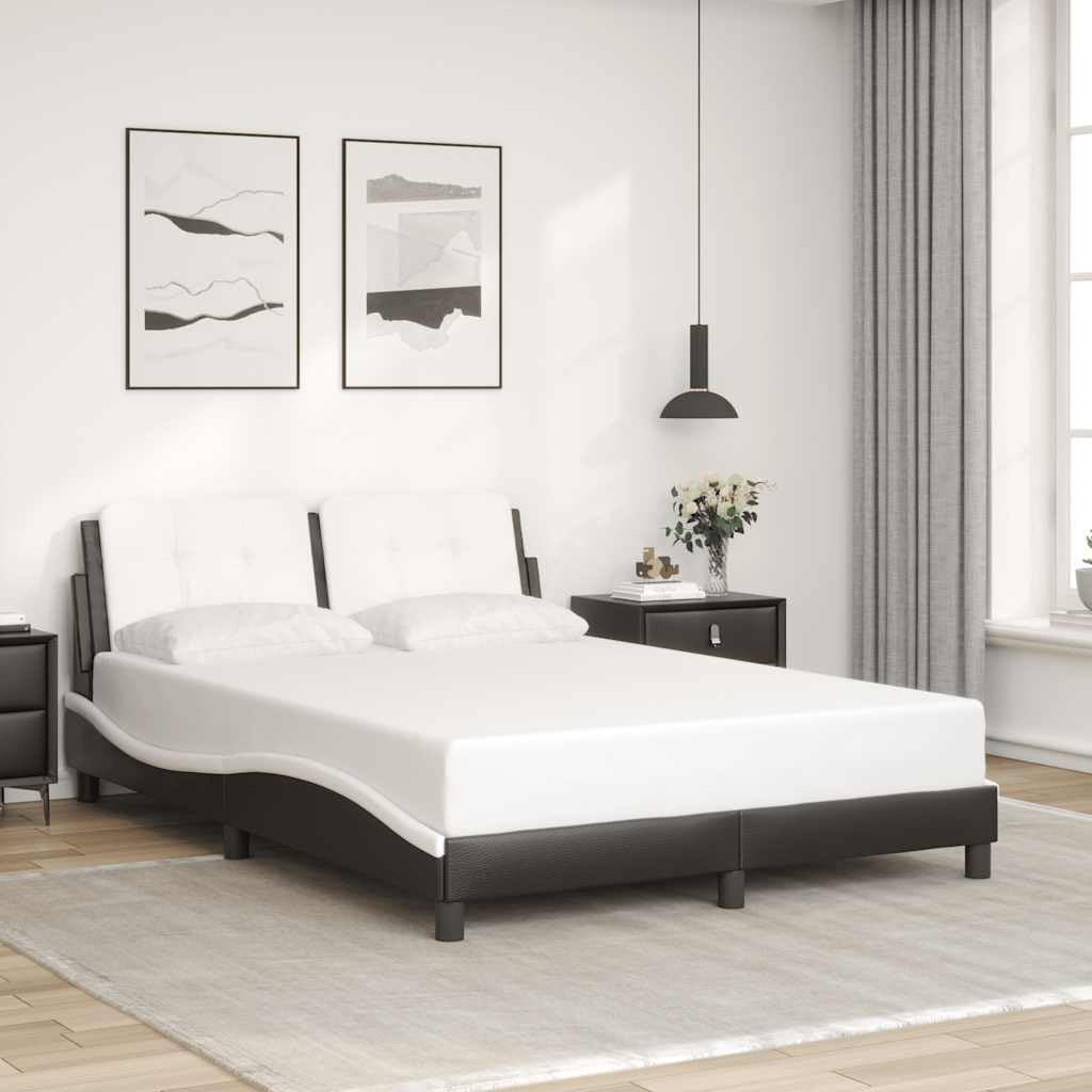 Full Bed Frame Black and White with Wavy Sides and Cushioned Headboard, Modern Design for Adults and Couples, Solid Pine Wood Construction, Stain-Resistant Faux Leather, Easy