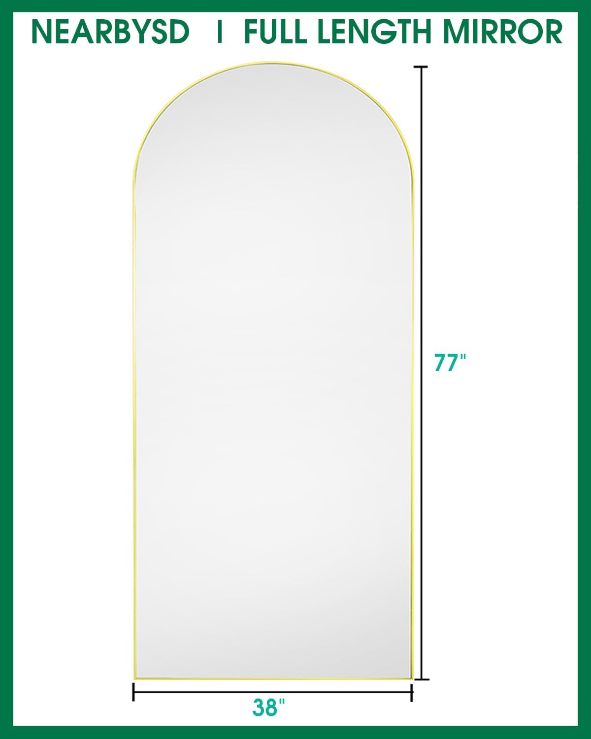 NEARBYSD Arched Full Length Mirror77 x38 Full Body Floor Mirror Standing Hanging or Leaning Wall, Arch Wall Mirror with Stand Aluminum Alloy Frame for Bedroom Cloakroom Gold