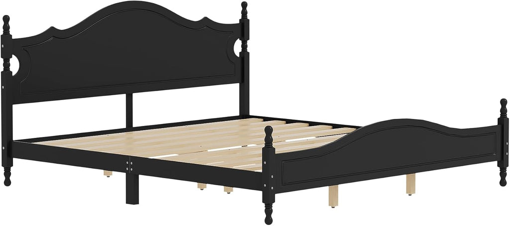 JIVOIT Retro Style Platform Bed with Headboard and Footboard, King Size Wood Platform Bed Frame with Wooden Slat Support, Solid Wood Foundation, No Box Spring Required (Black,King,5)