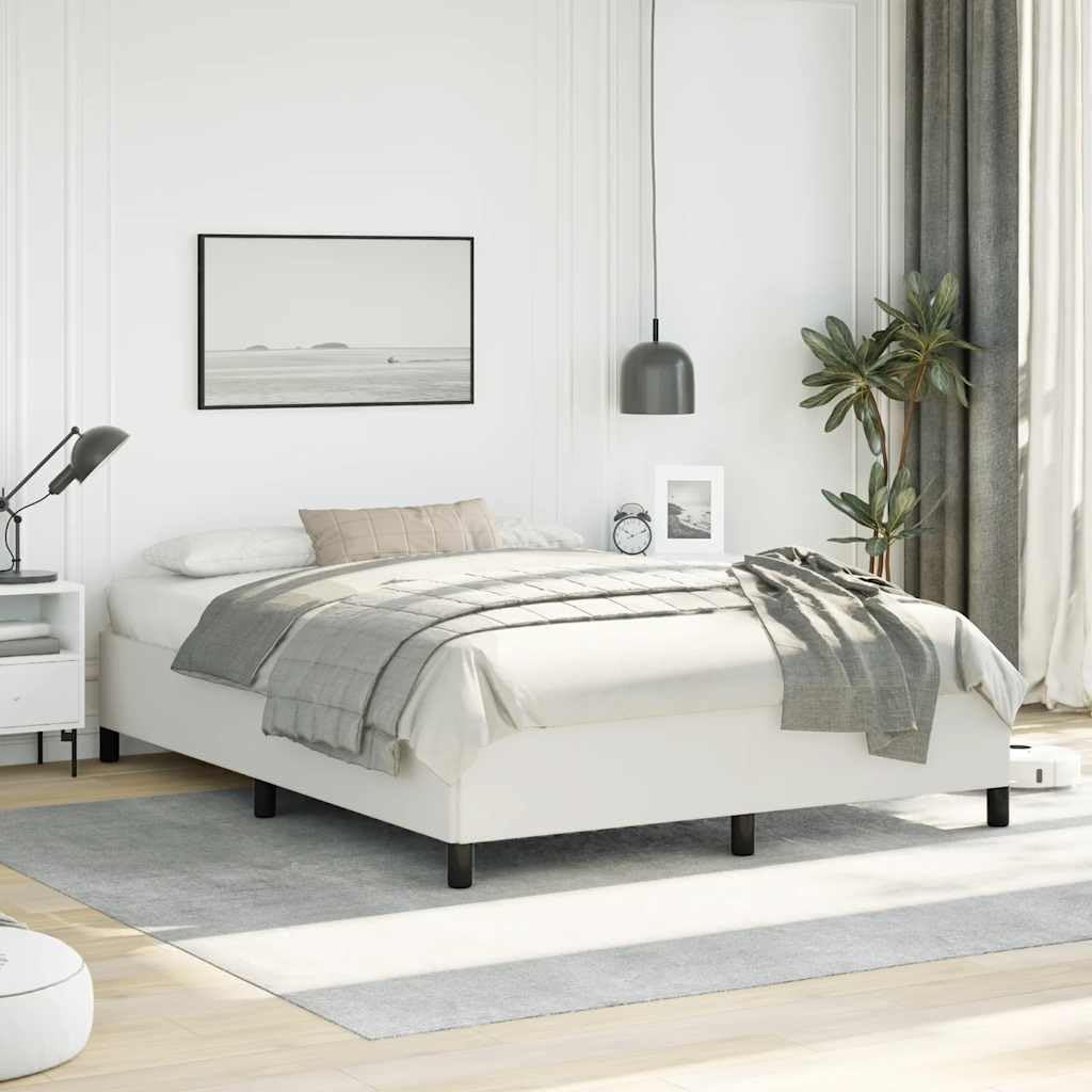 White Faux Leather Queen Size Bed Frame with Plywood and Engineered Wood Construction, Modern Upholstered Platform Bed with Strong Wooden Legs for Mattress Support and Space