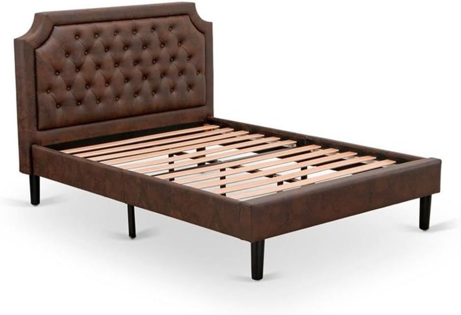 East West Furniture GB25F-1HI0M 2-Piece Platform Bedroom Set with Button Tufted Full Size Bed Frame and an Antique Mahogany End Table - Dark Brown Faux Leather with Black Texture and Black Legs