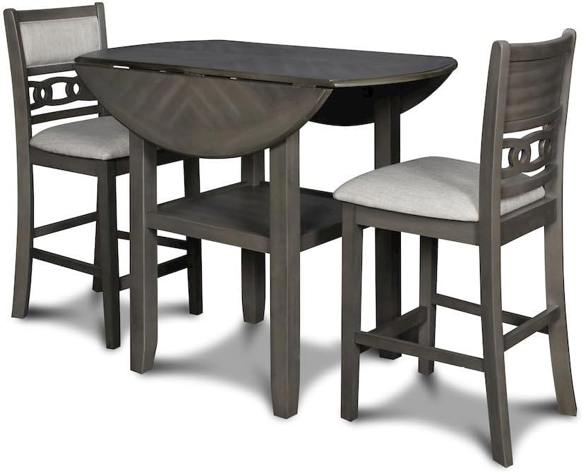 Furnifact Grey 3 Piece Drop Leaf Table and Chairs, Solid Wood Round Dining Table with Chairs, Space-Saving Design with Storage Shelf for Small Kitchens