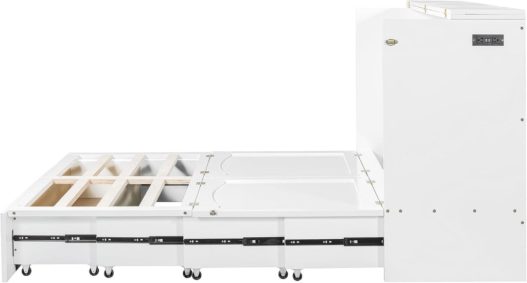 Queen Size Murphy Wall Bed with Drawer and a Set of Sockets & USB Ports,Modern Bed Frame with Pulley Structure Design for Kids Teen Girls Boys Adults Bedroom Furniture (White-46, Queen)